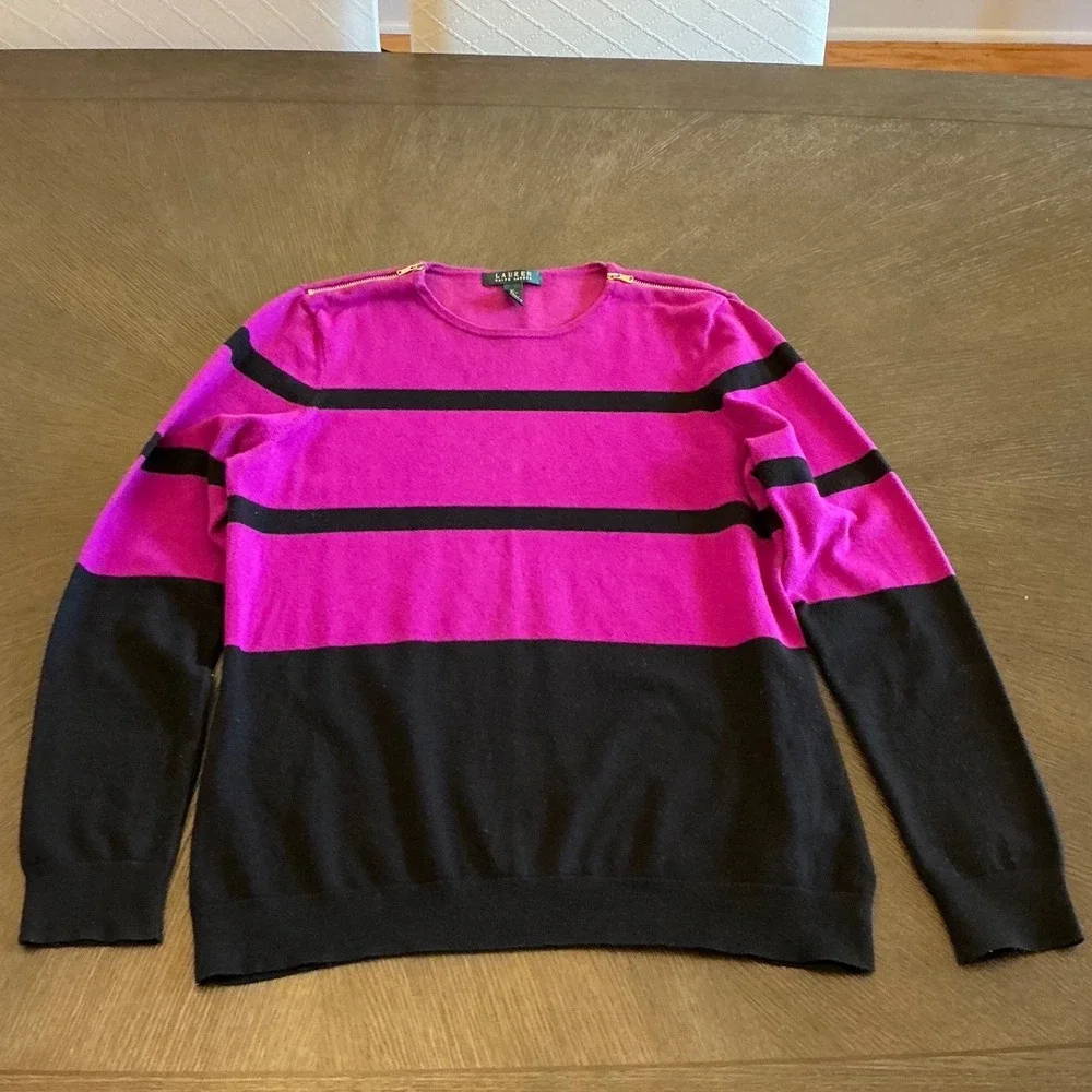 Lauren Ralph Lauren XL Pink Black Striped Gold Zip Shoulder Pullover Sweater
